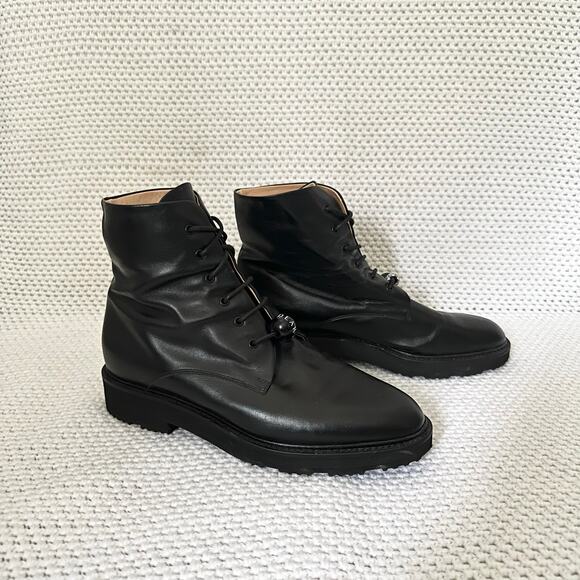 Dear Frances Black Leather Park Combat Lace Up Bead Accent Boots Women 40 US 10